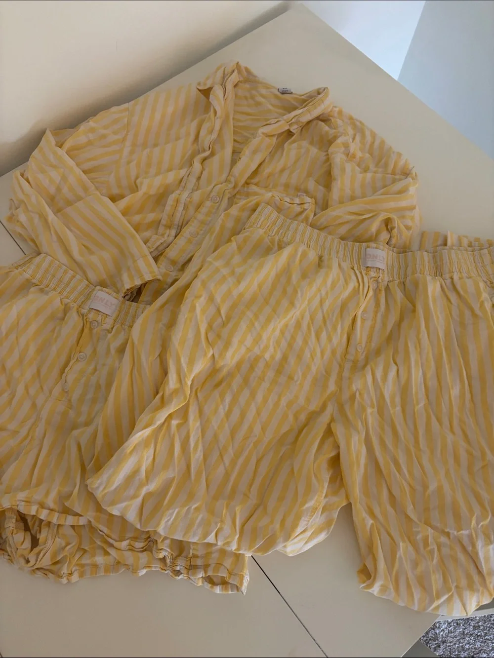 Old Navy Cotton Blend Yellow Striped Pajama Set with Shorts and Pants